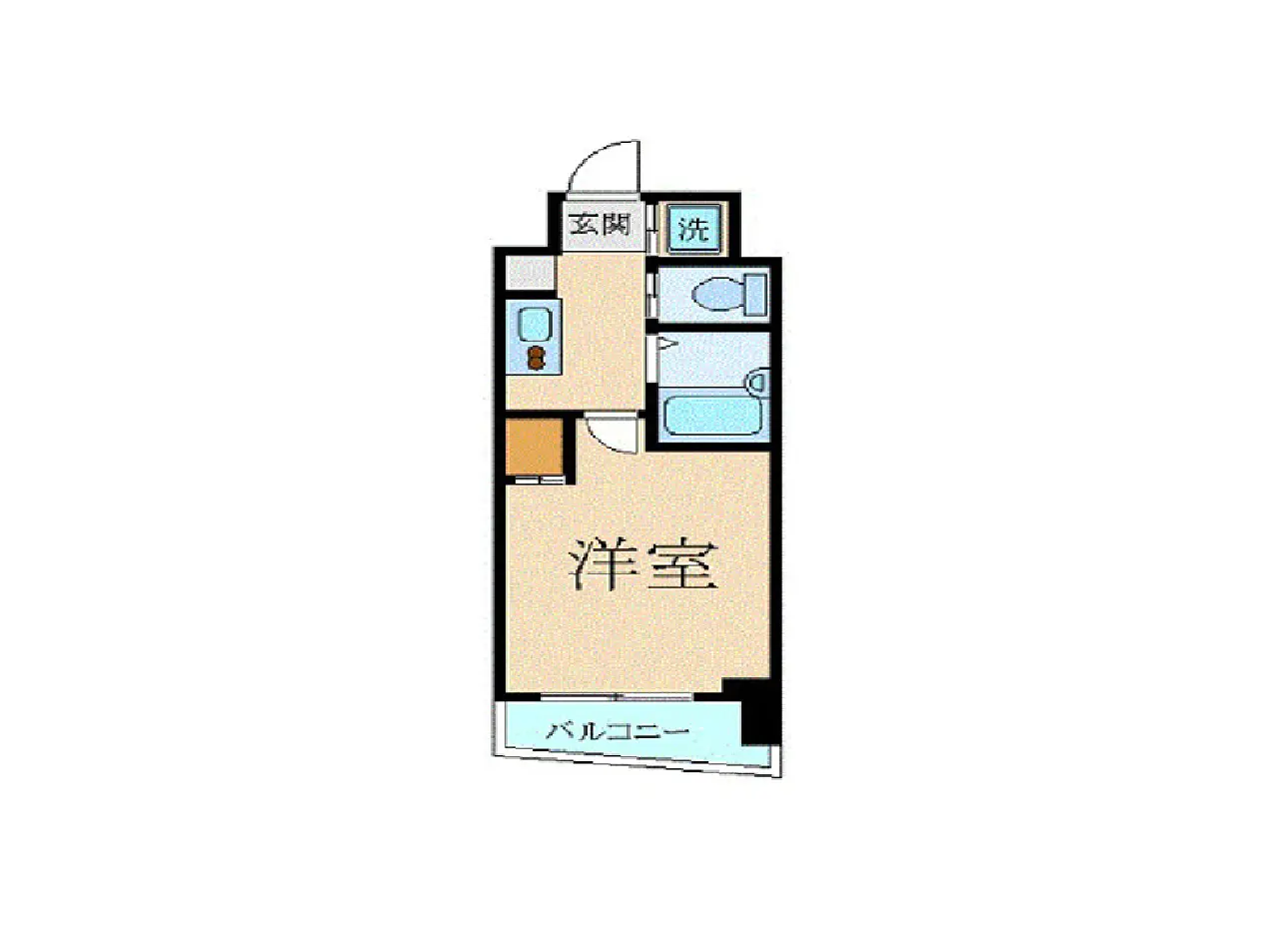 - 洋室の間取り図、バルコニー、洗面所、トイレ、玄関を含むレイアウトのイラスト
