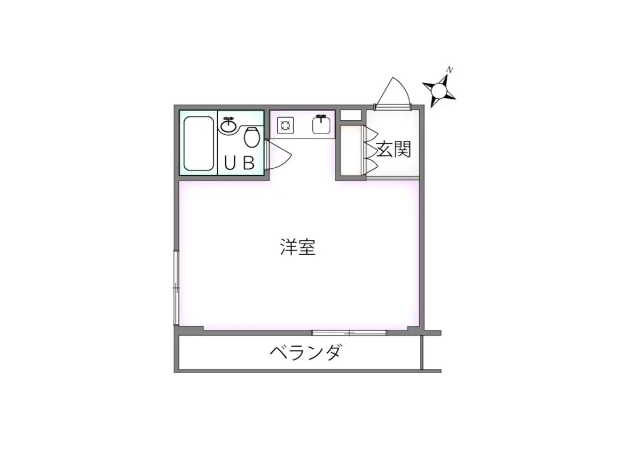 - 洋室とバスルーム、玄関、ベランダの配置を示す平面図