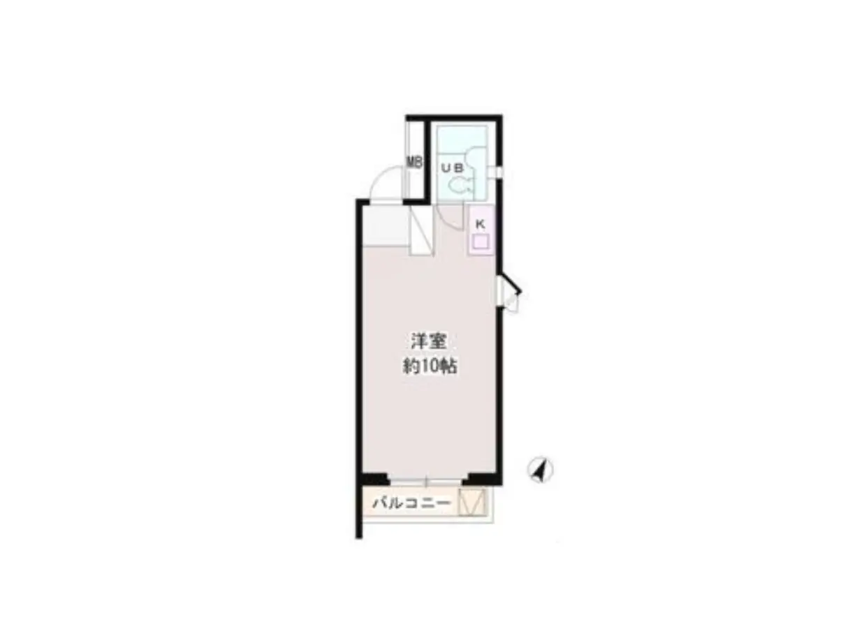 - 約10帖の洋室間取り図、キッチンやバルコニーの位置が示されたシンプルなレイアウト