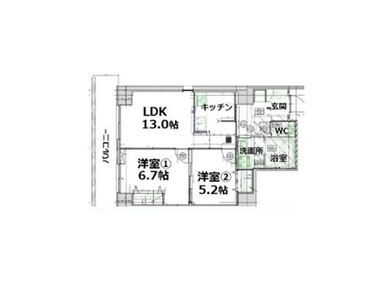 - LDK、2つの洋室、キッチン、浴室、洗面所、トイレを含む間取り図の詳細