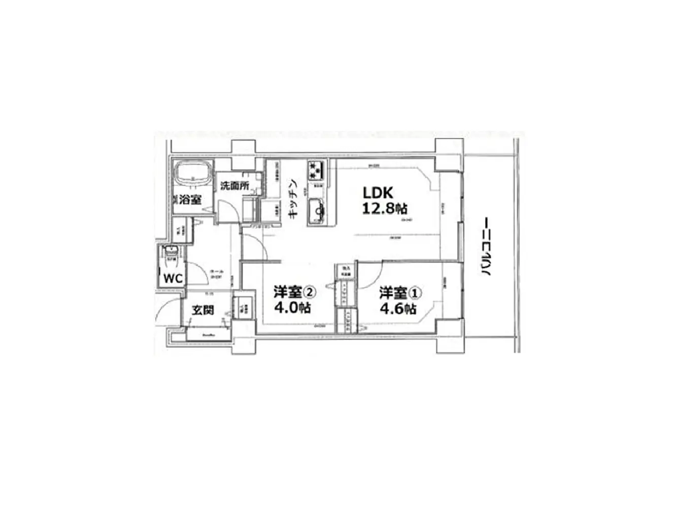 - 2LDKの間取り図、リビングダイニングキッチン（LDK）12.8畳、洋室1（4.6畳）と洋室2（4.0畳）、浴室とトイレが含まれる配置図