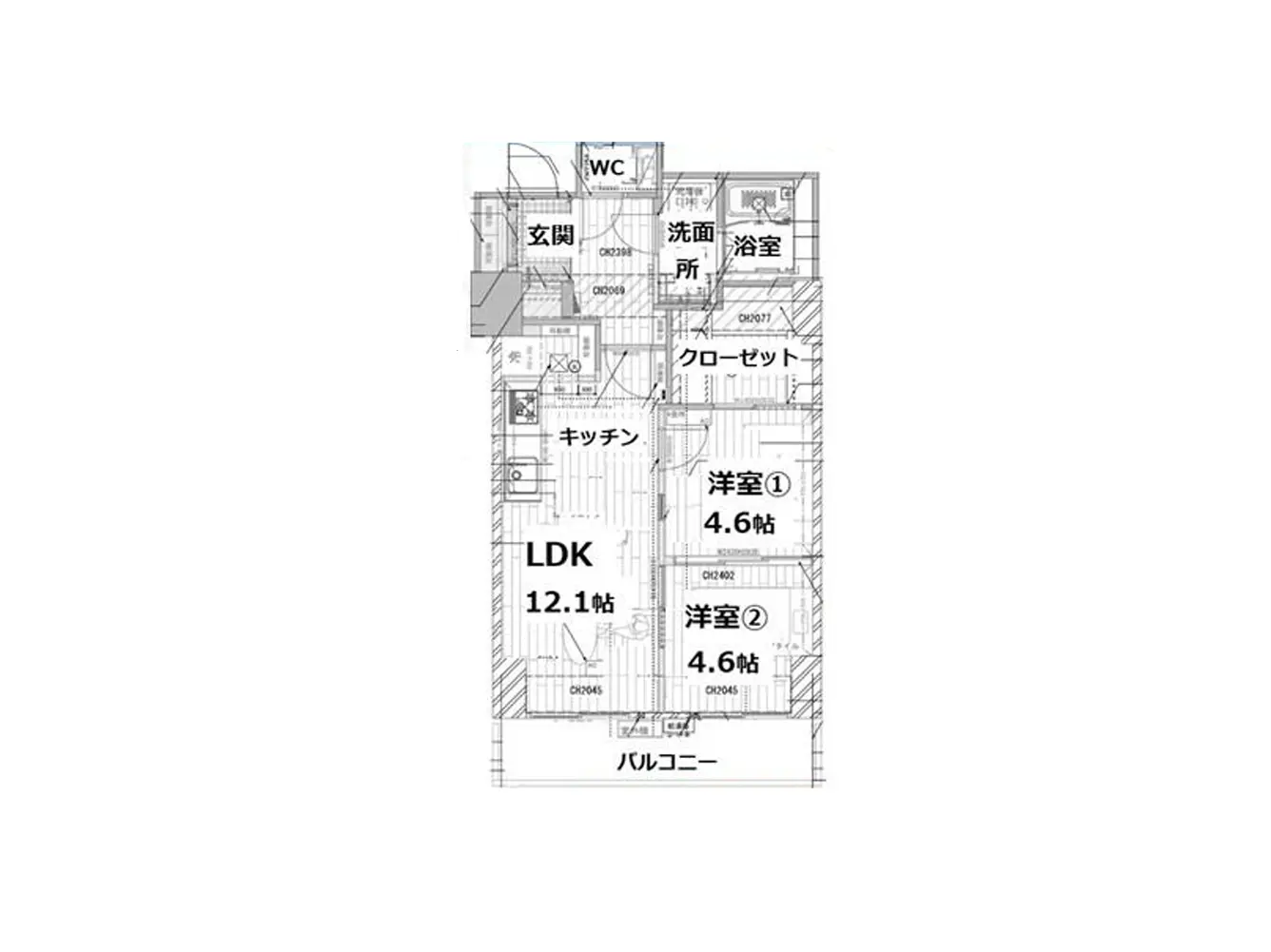 - 2LDKの間取り図、広々としたリビングダイニングキッチン、4.6畳の洋室が2部屋、洗面所と浴室、バルコニー付きのレイアウト