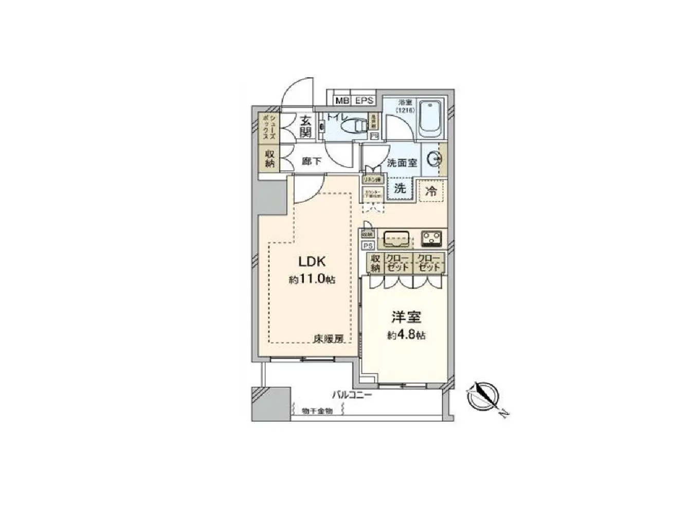 - LDK約11帖、洋室約4.8帖、洗面室や収納スペースを備えた間取り図