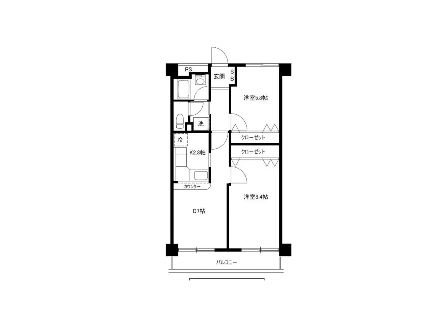 - 2LDKの間取り図、洋室2部屋、キッチン、洗面所、バルコニー、収納スペースを含むレイアウト