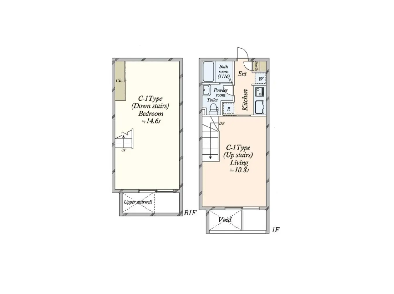 - C-1タイプの間取り図、1階はキッチンとリビング、2階はバルコニー付きの寝室を示す設計図