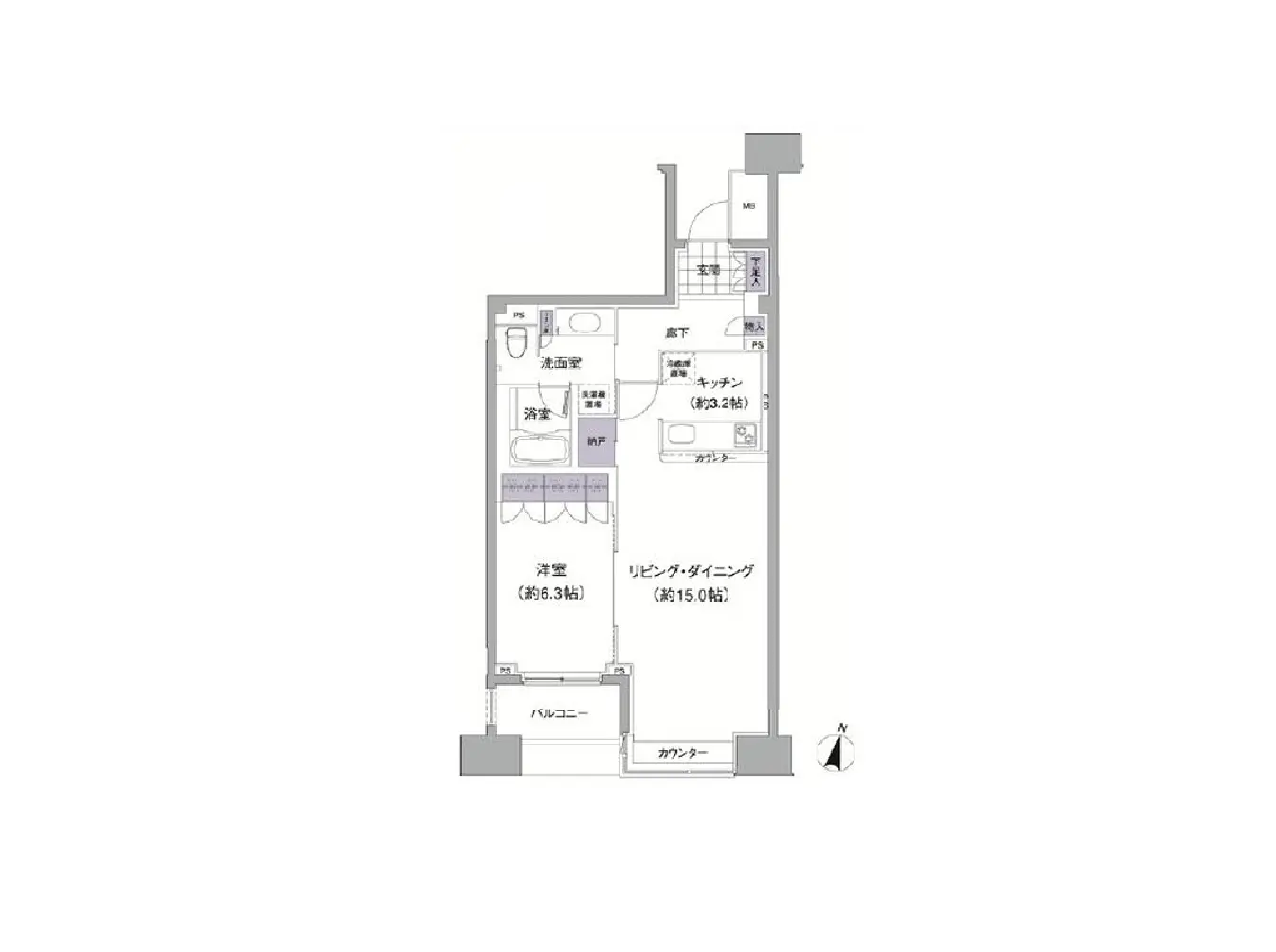 - 2LDKの間取り図、リビング・ダイニングエリア約15.0帖、洋室約6.3帖、キッチン約3.2帖、洗面室と浴室の配置を示す不動産図面