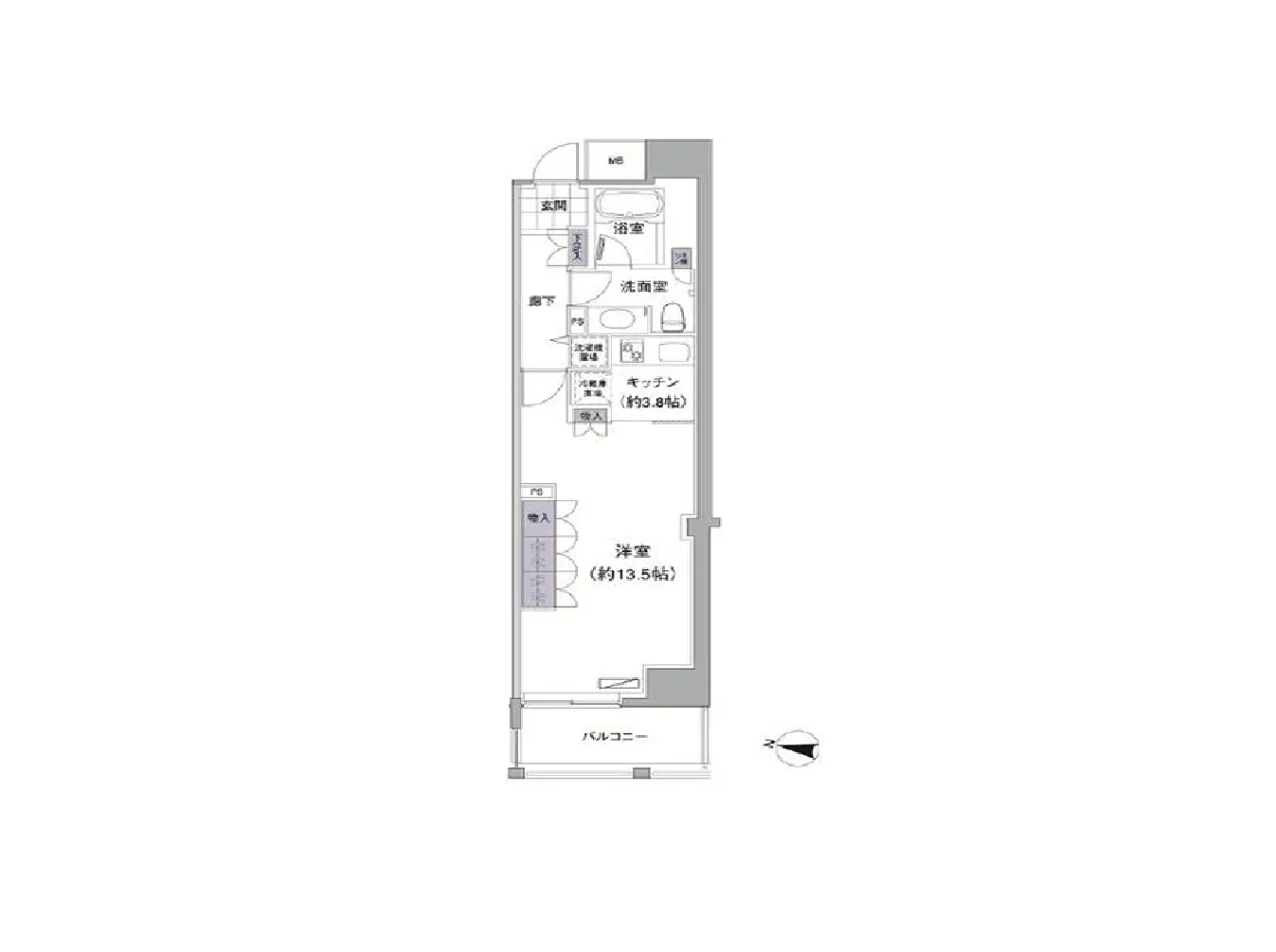 - 1LDKの間取り図、洋室約13.5帖、キッチン約3.8帖、浴室、洗面室、バルコニーを含むレイアウト