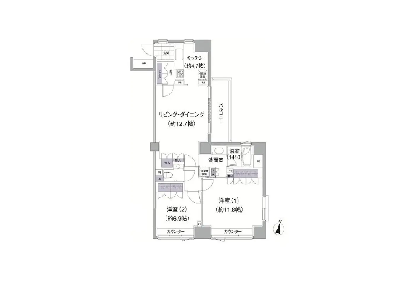 - リビング・ダイニング、キッチン、バルコニー、2つの洋室と浴室を含む間取り図、各部屋の広さが記載されている詳細設計図