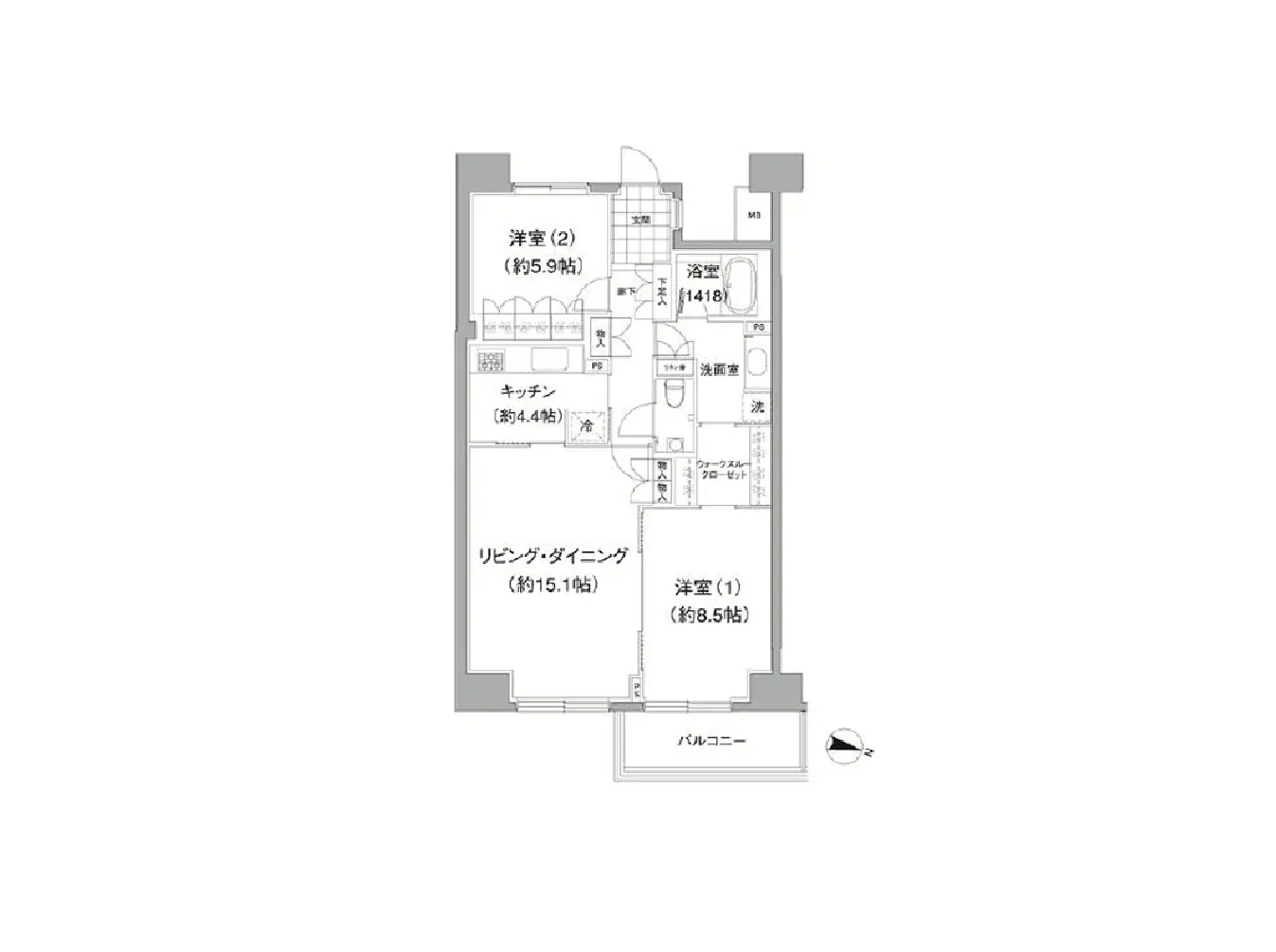 - 2LDKの間取り図、リビング・ダイニング15.1帖、洋室2部屋、キッチンとバルコニーのある配置を示した設計図