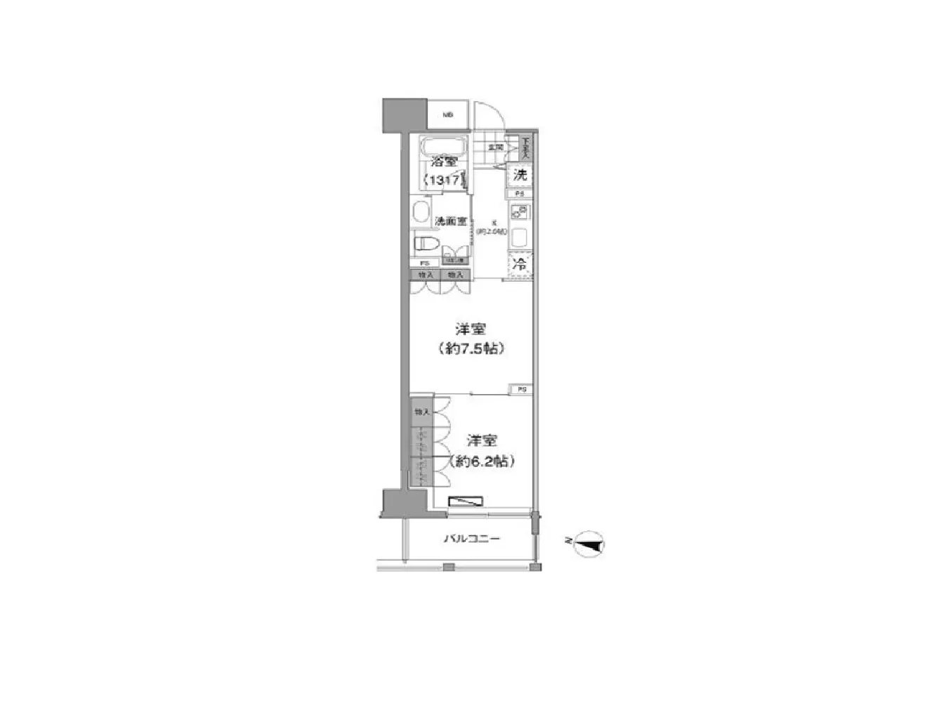 - 2LDKの間取り図、洋室約7.5帖と洋室約6.2帖、バルコニー付きで浴室と洗面所の配置も明示された住宅プラン