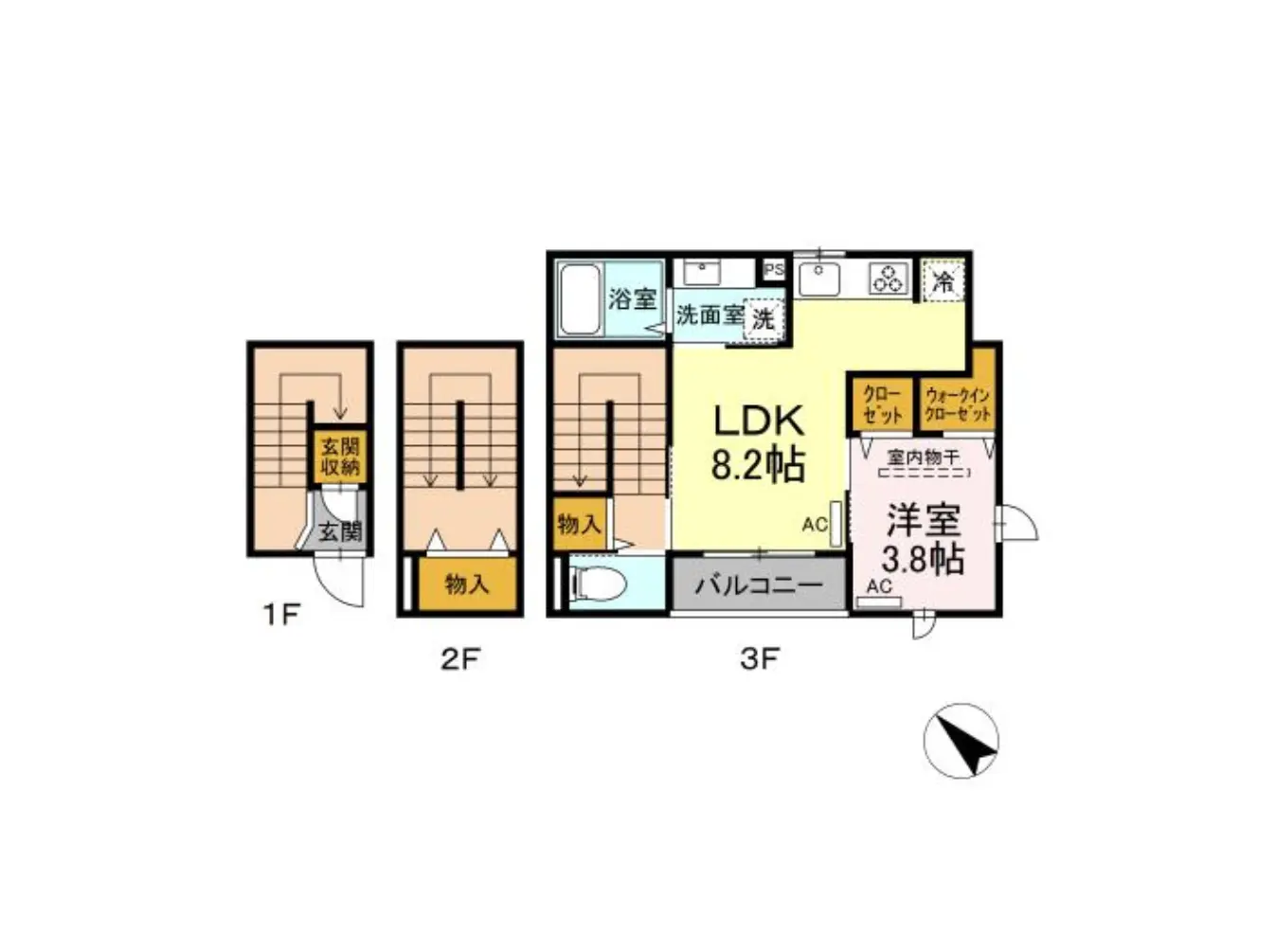 - 3階建ての間取り図、LDK8.2畳、洋室3.8畳、洗面室、浴室、バルコニーと収納スペースが配置されたデザイン