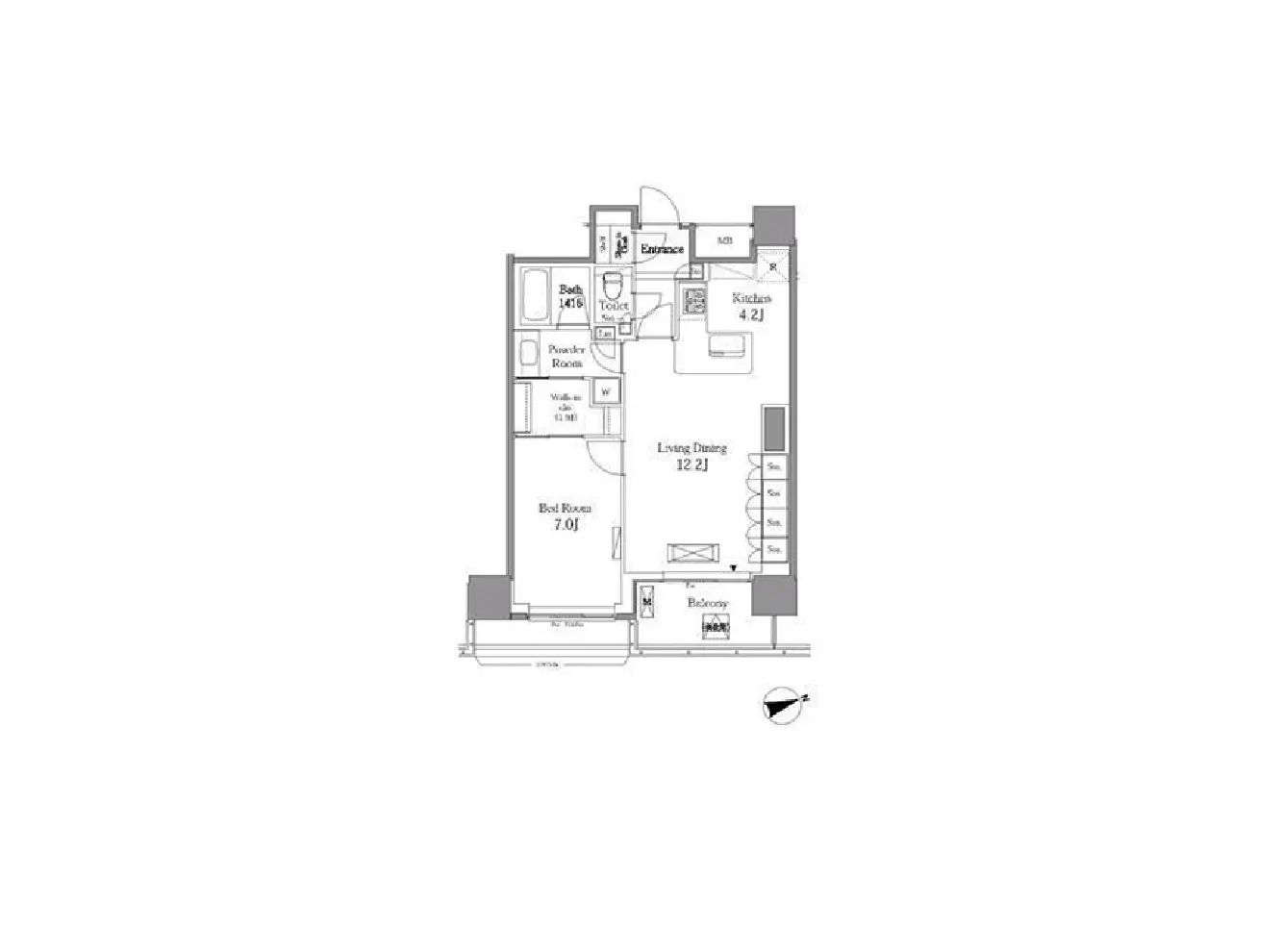 - 1LDKの間取り図、寝室7畳、リビングダイニング12.2畳、キッチン、バスルーム、トイレの配置を示す詳細なレイアウト