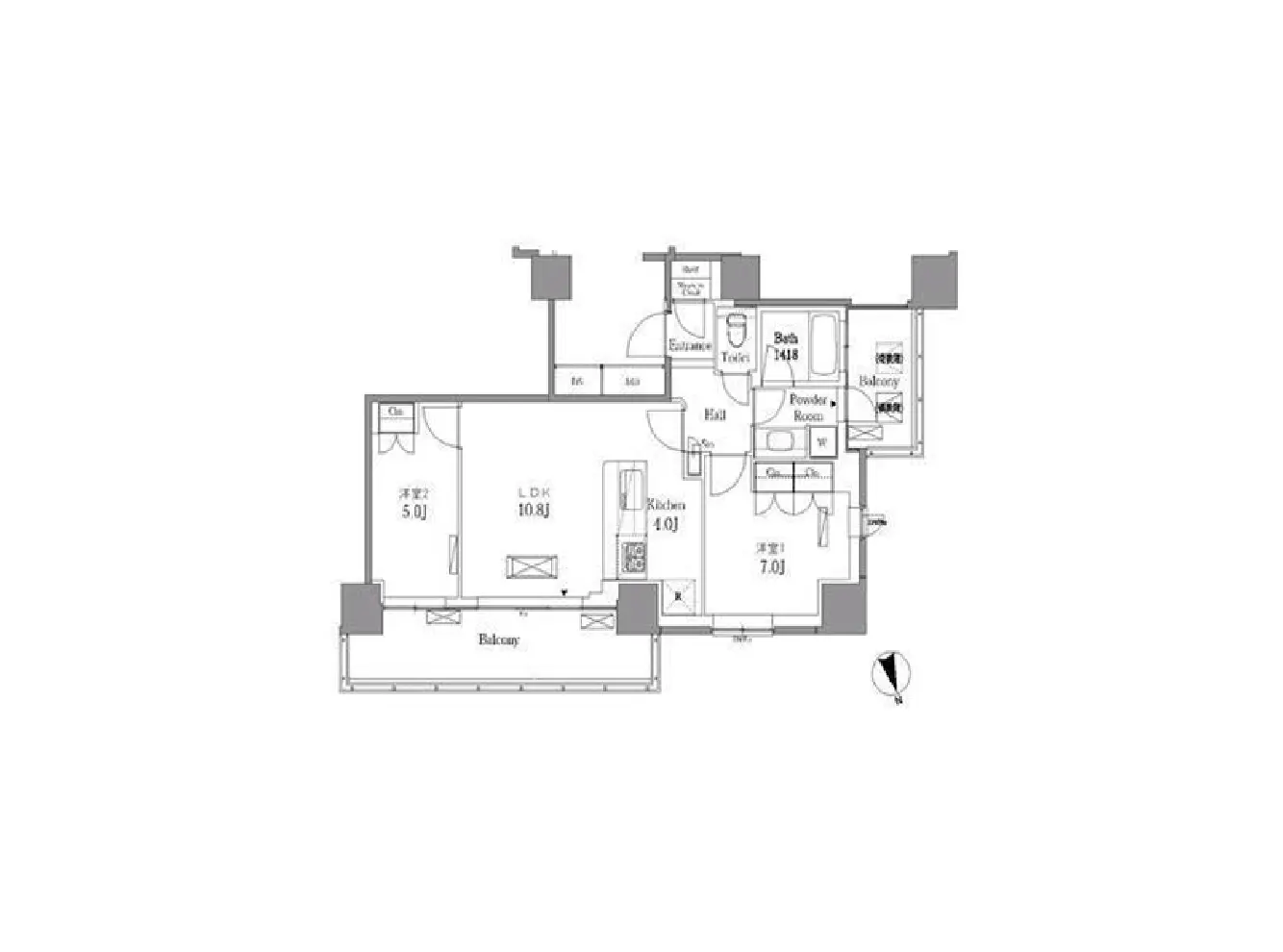 - 2LDKの間取り図、リビングダイニングキッチン、バルコニー、各部屋の広さと配置が示された図面