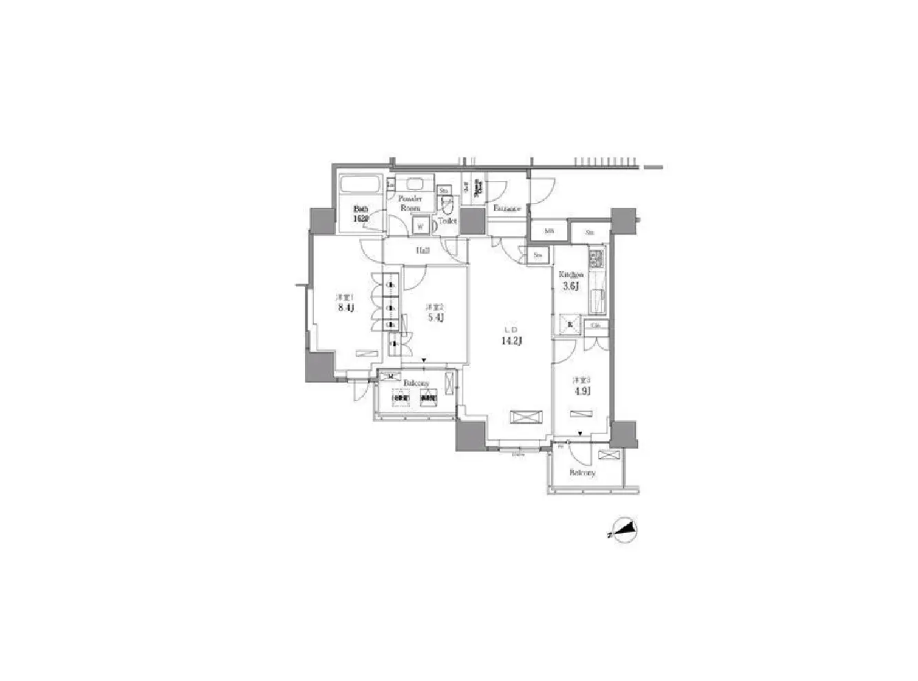 - 3LDKの間取り図、各部屋のサイズや設備が詳細に記載され、バルコニーと収納スペースを含む設計デザイン