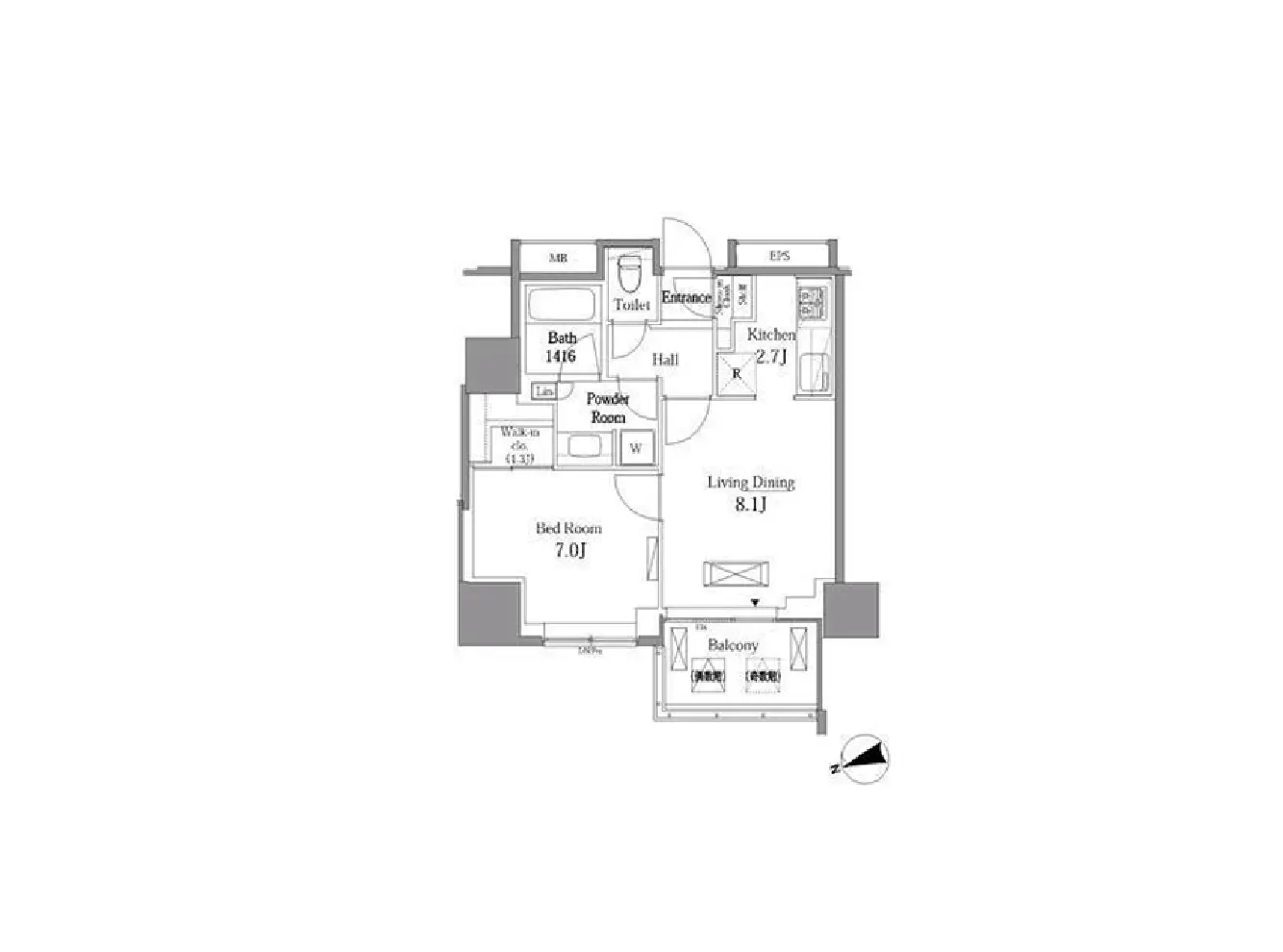 - モダンな2LDKの間取り図、リビングダイニング、キッチン、バスルーム、ベッドルーム、バルコニーを含む配置を示す設計図