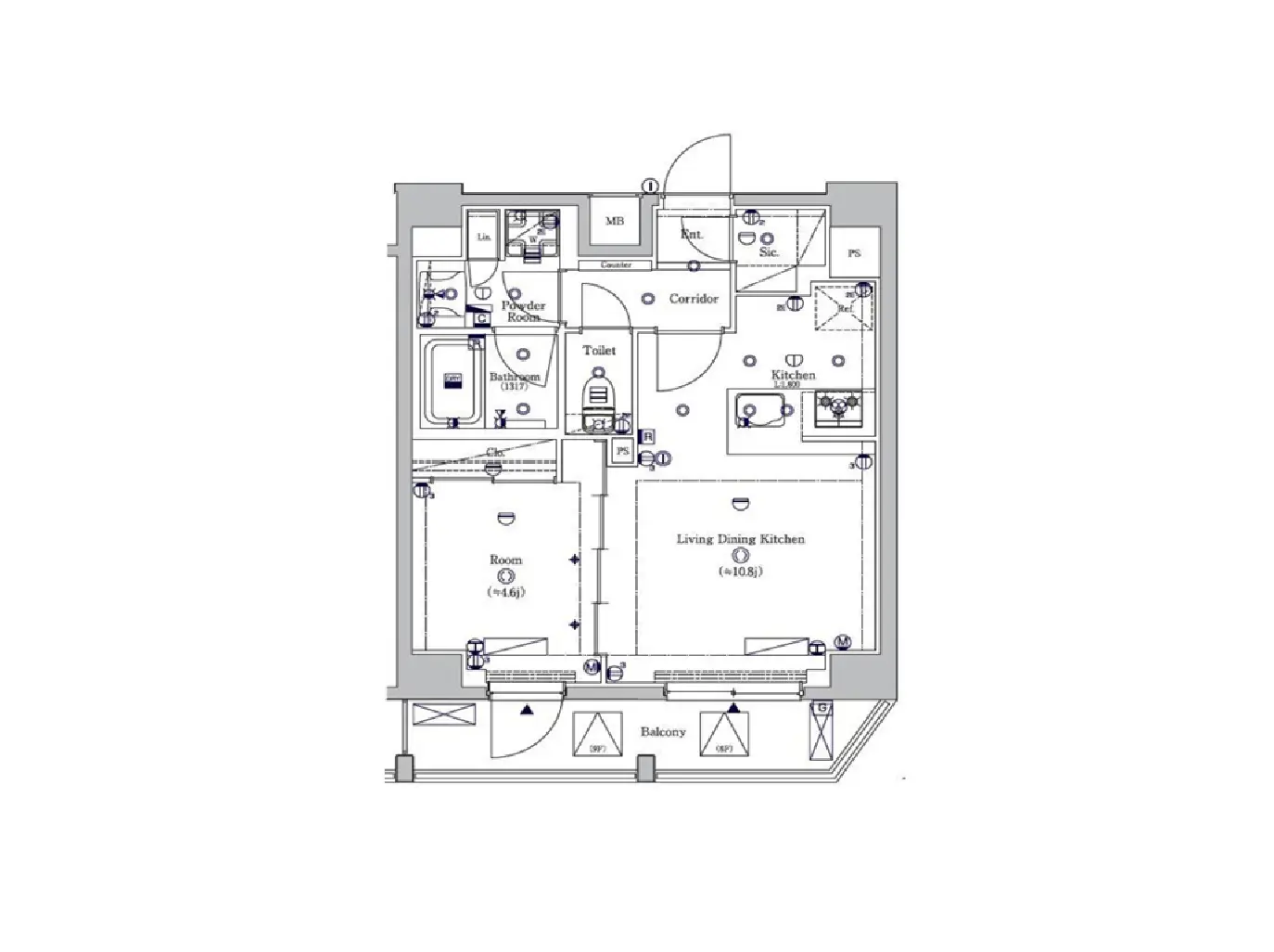 - 間取り図、リビングダイニングキッチン、2つの部屋、バスルーム、トイレ、バルコニーを含む住宅プラン