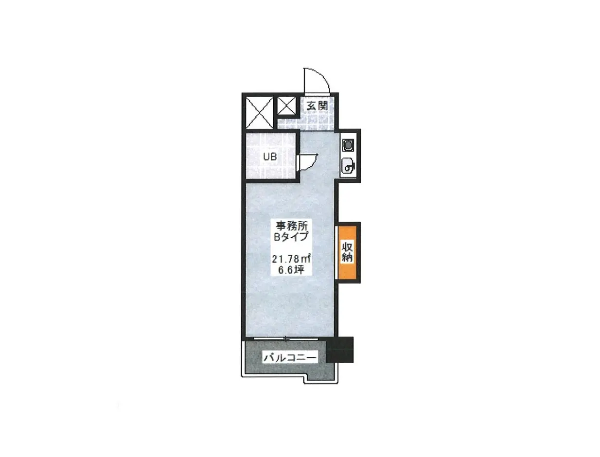 - 小規模な事務所用の間取り図、玄関、ユニットバス、収納スペース、バルコニーを含むレイアウト