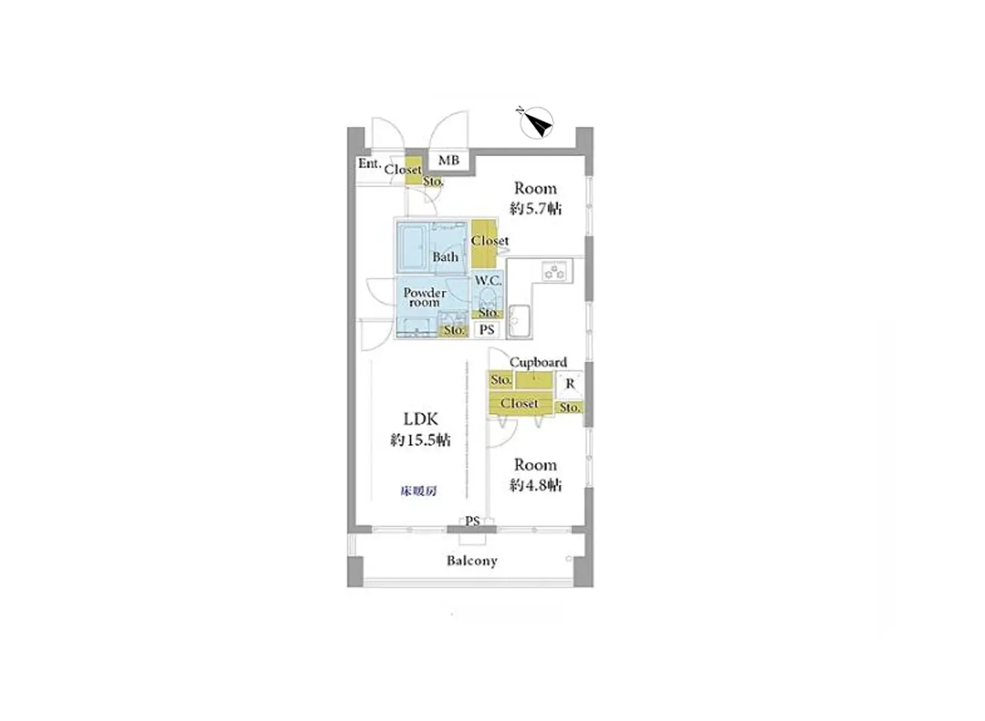- 各部屋のサイズや配置が示された住宅の間取り図、LDK約15.5帖、他の部屋も含む設計