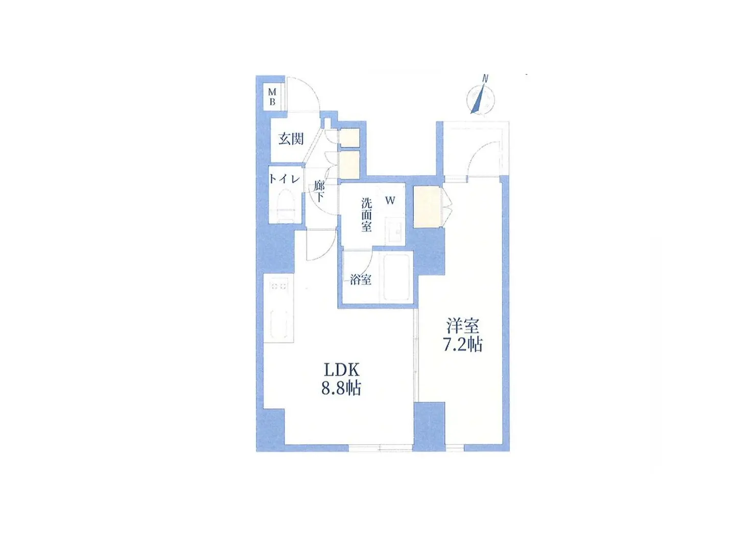 - 1LDKの間取り図、広さ8.8帖のリビングダイニングキッチン、7.2帖の洋室、洗面室、トイレ、バスルームを含む設計