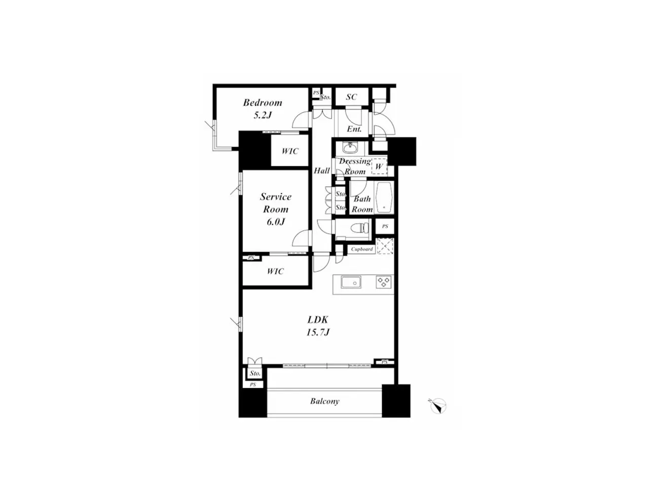 - 2LDKのマンション間取り図、リビングダイニングキッチン(15.7畳)、サービスルーム(6.0畳)と洋室(5.2畳)を含む設計