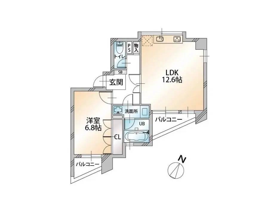 - LDK12.6帖、洋室6.8帖、洗面所、トイレ、バルコニーを含む間取り図の不動産イメージ