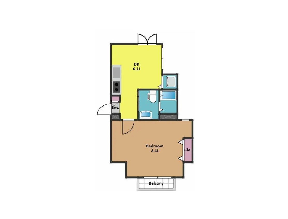 - 1LDKの間取り図、リビングダイニングキッチン（DK）とバルコニー付きの広い寝室、レイアウトの見取り図