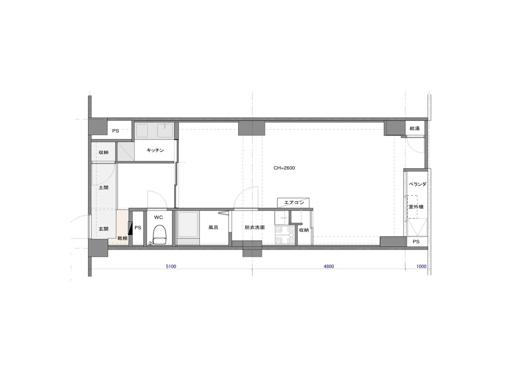 - モダンな間取りの一戸建て住宅、各部屋の配置が示されたフロアプラン、キッチン、浴室、トイレ、収納スペースのレイアウトが明確に描かれている。