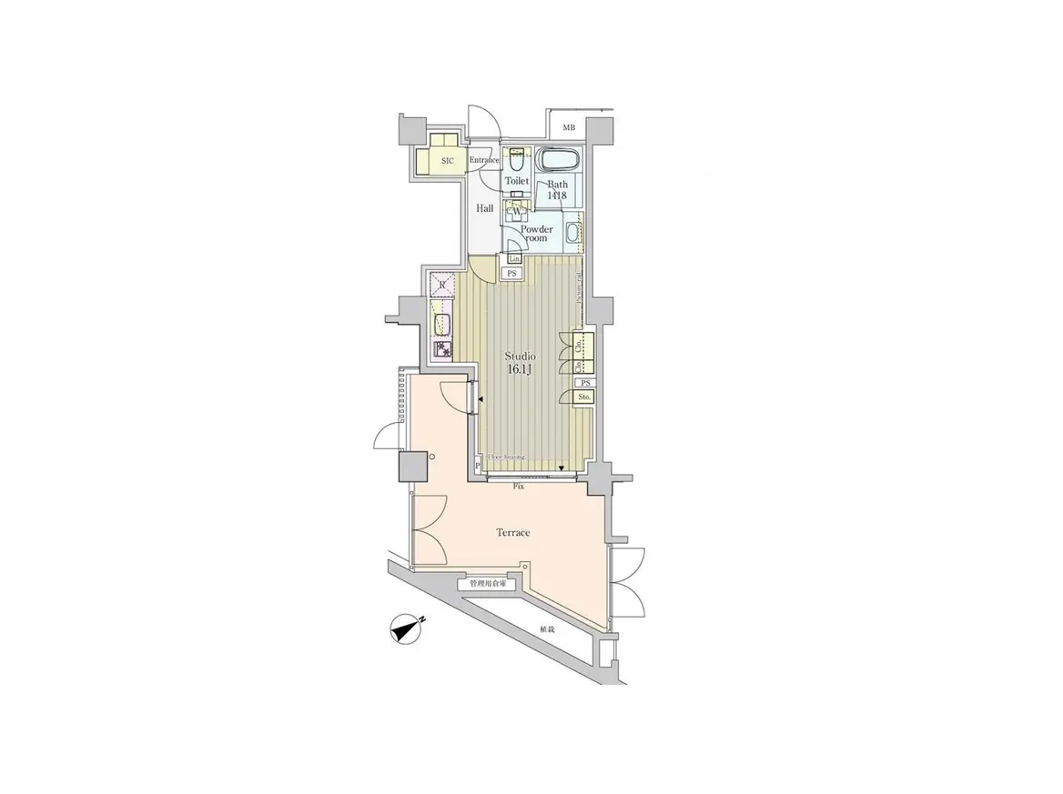 - スタジオタイプの間取り図、サイズ16.1畳、テラス付き、バスルームとトイレが完備された居住空間のレイアウト
