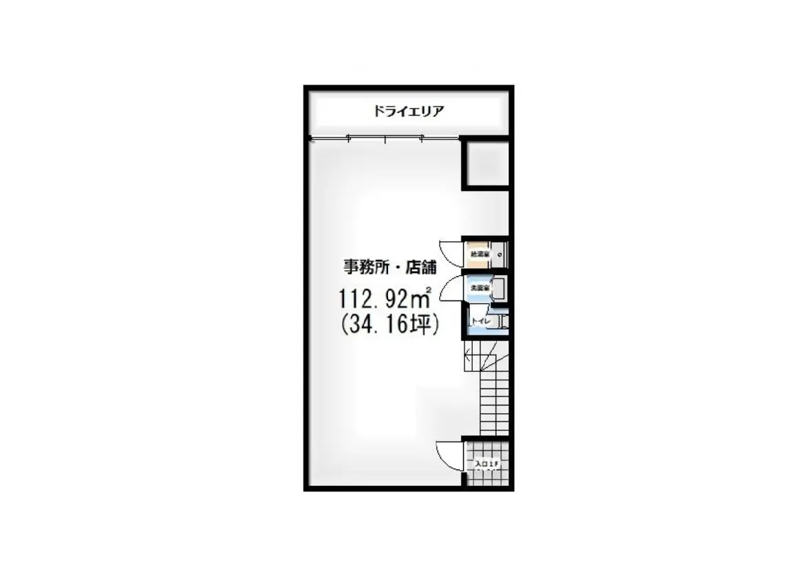 - 事務所・店舗の間取り図、面積112.92㎡（34.16坪）を示すシンプルで機能的なレイアウト