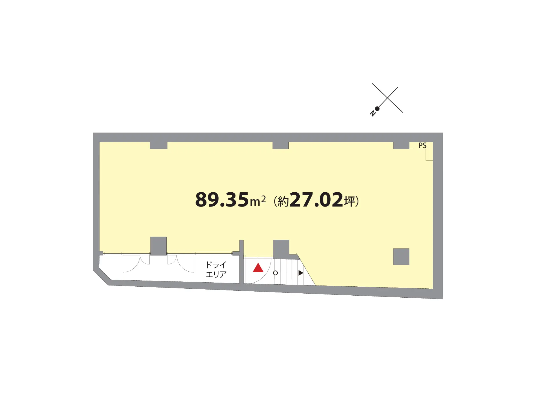 - 約89.35平方メートル（約27.02坪）の間取り図、ドライエリアと階段があるシンプルなレイアウト