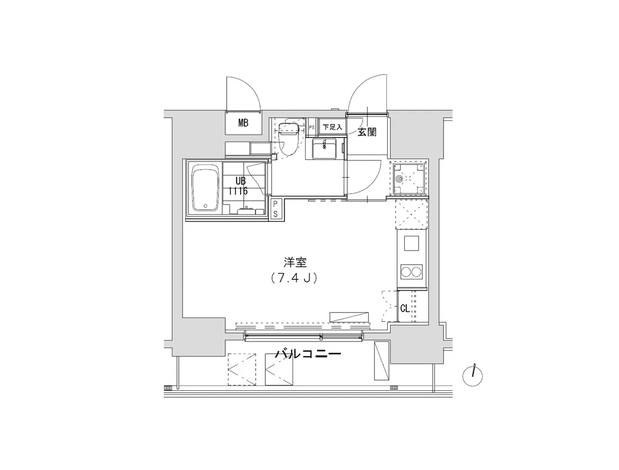 - 部屋の間取り図、洋室(7.4畳)とバルコニー、ユニットバス、玄関や収納スペースを含む配置が示された設計図