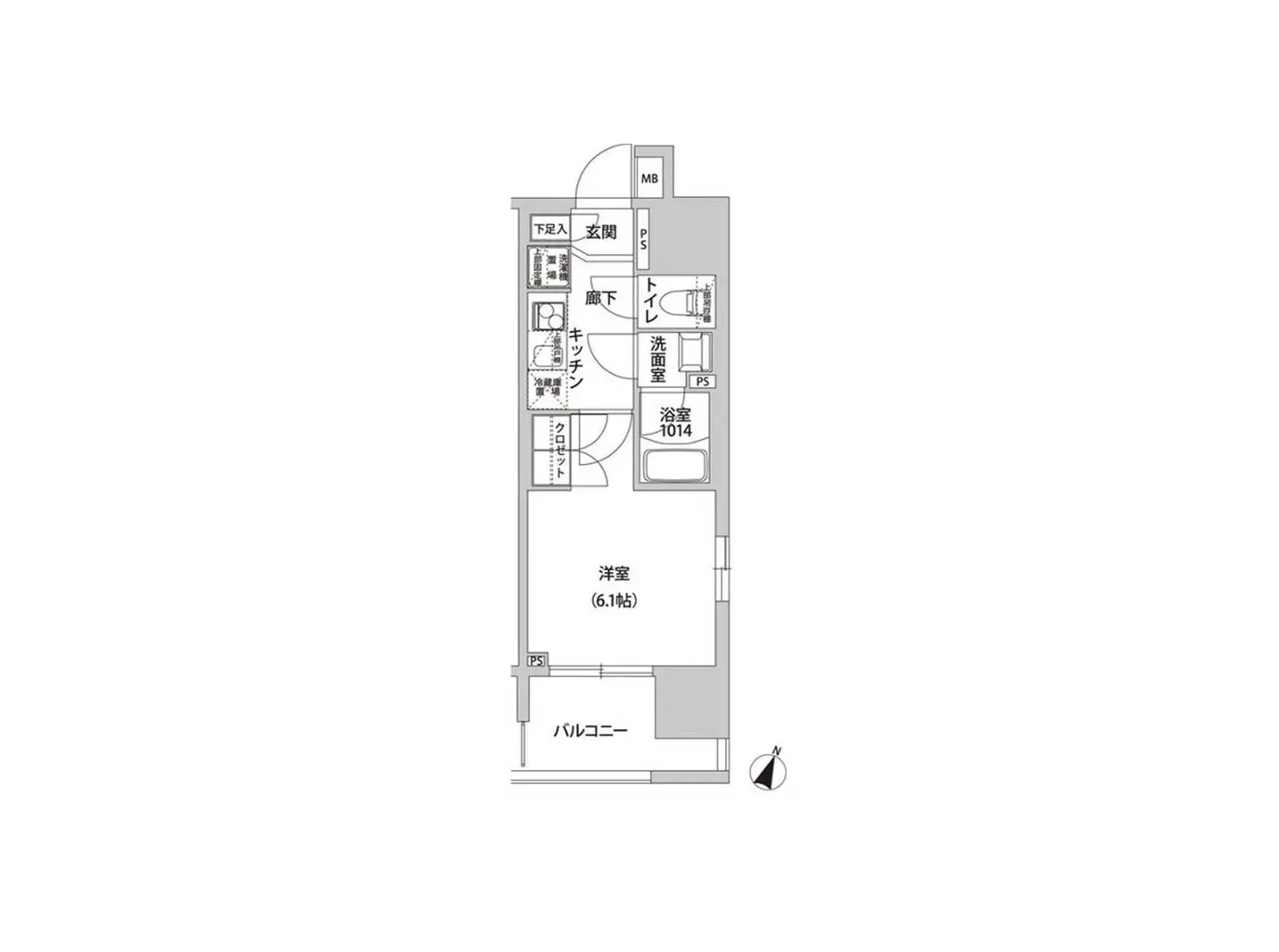 - 各部屋の配置が示された間取り図、洋室6.1帖、キッチン、洗面室、トイレ、浴室、バルコニーを含む設計