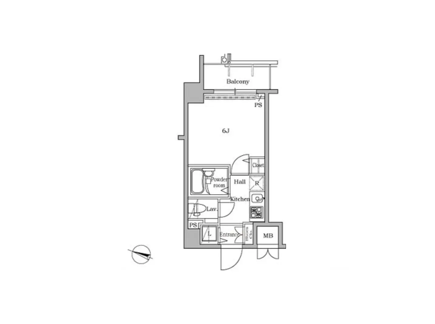 - 1LDKの間取り図、バルコニー、キッチン、パウダールーム、クローゼットを含む部屋の配置を示した図面