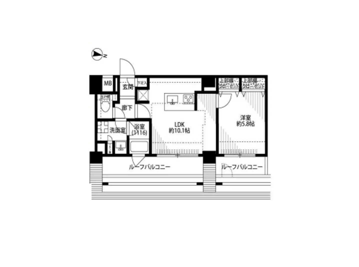 - 2LDKの間取り図、LDK約10.1帖、洋室約5.8帖、洗面室やバルコニーを含む住宅レイアウト