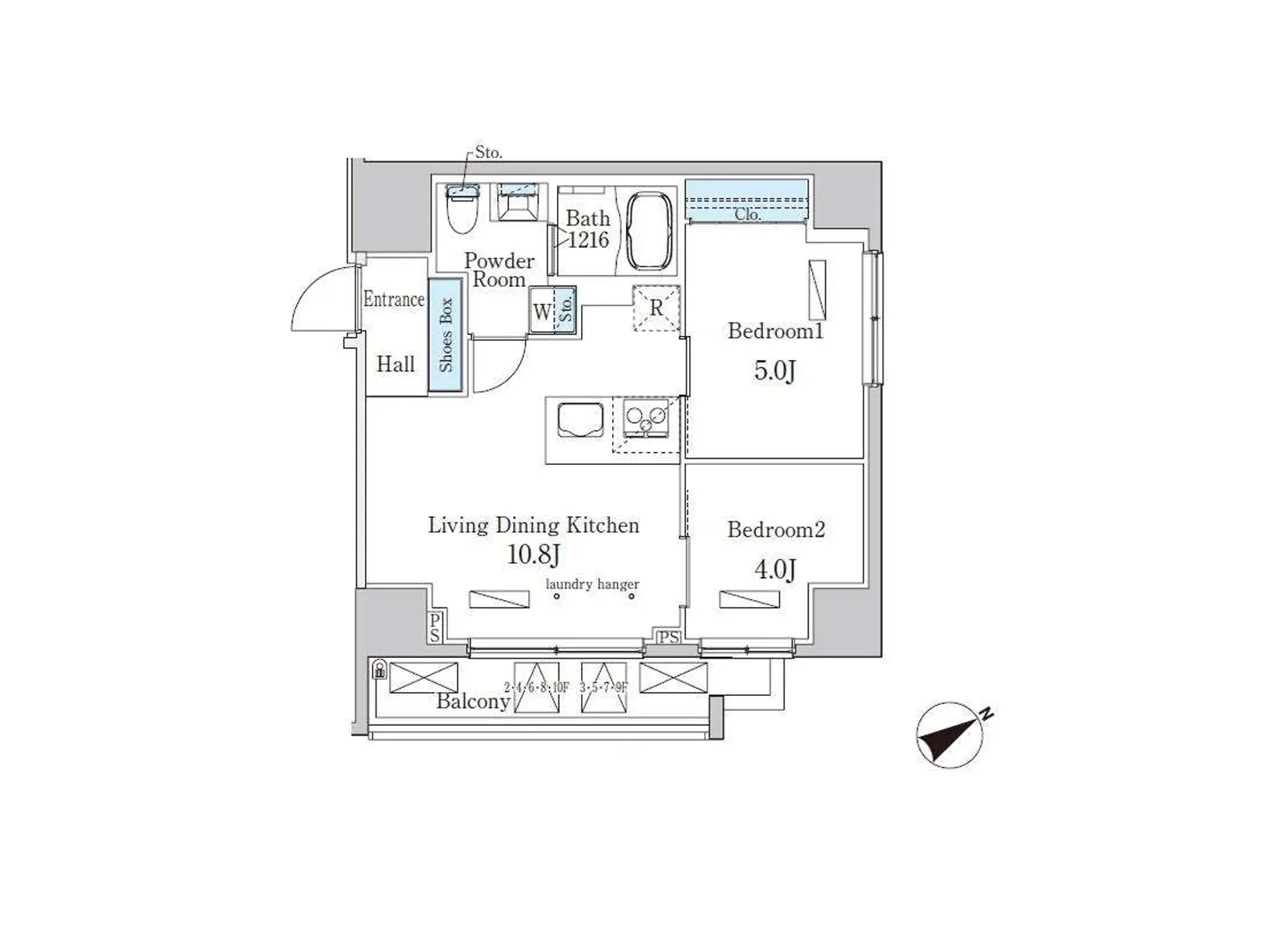 - 2LDKの間取り図、リビングダイニングキッチン、2つの寝室、バスルーム、バルコニーが配置されたレイアウト