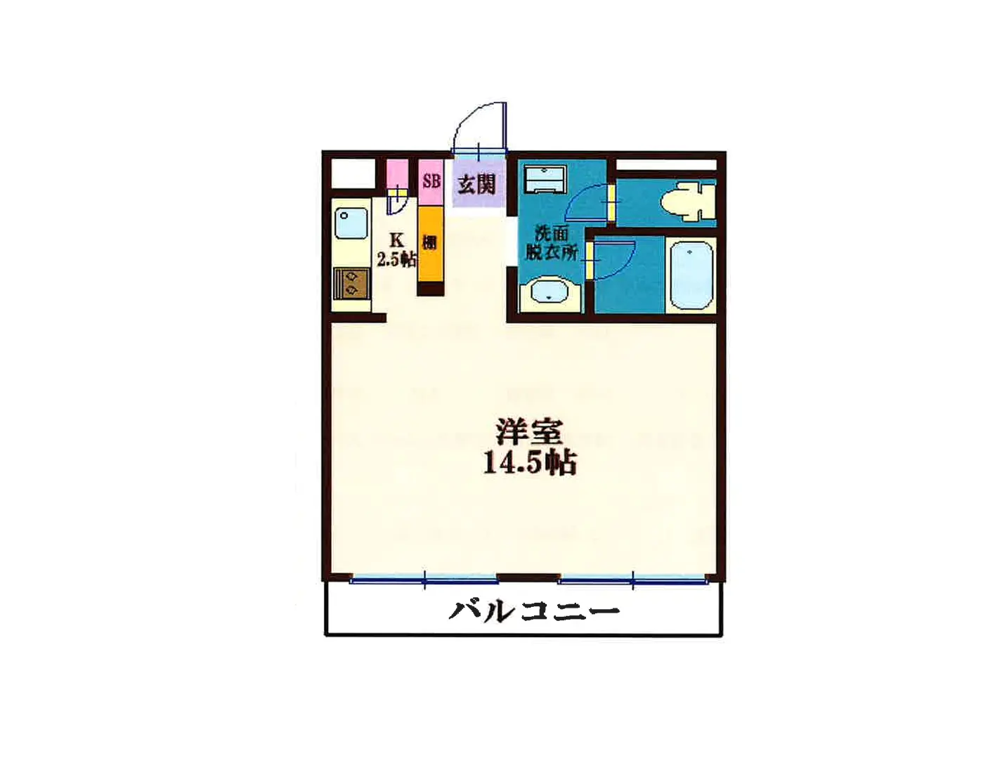 - 14.5帖の洋室と2.5帖のキッチンを含む間取り図、バルコニー、洗面所、浴室が配置されているレイアウト