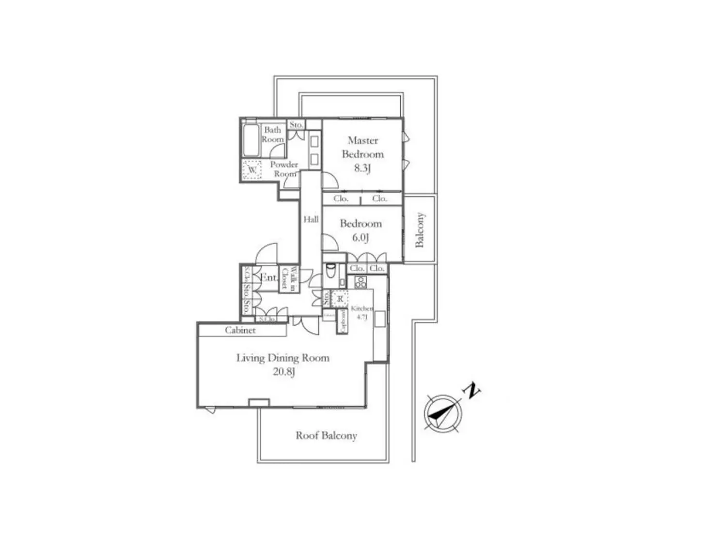 - マスターベッドルーム、2つのバルコニー、広々としたリビングダイニングルーム、キッチンと浴室を含む間取り図。