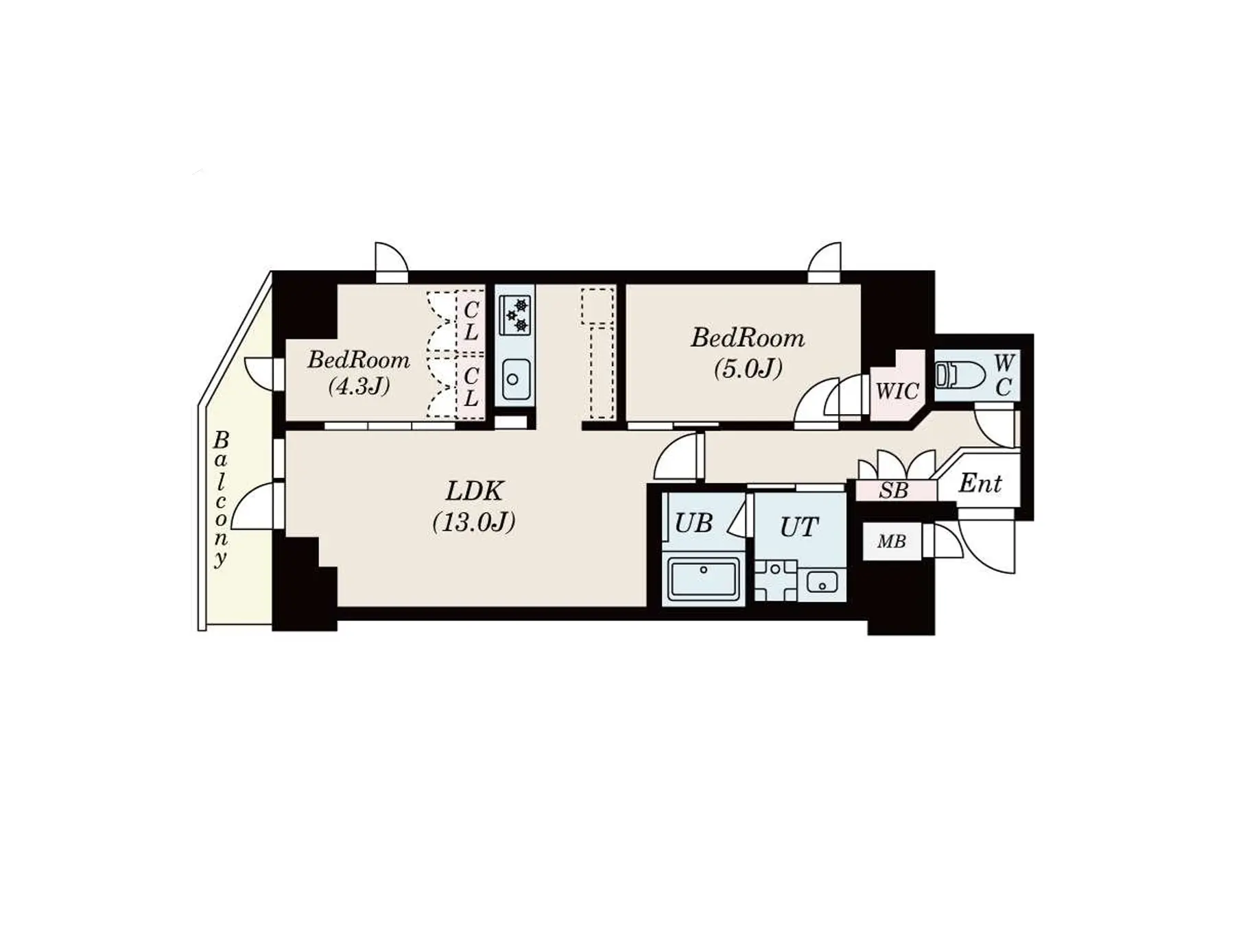 - 3LDKの間取り図、各部屋とLDK、バルコニー、洗面所、ユニットバスの配置が示された設計図