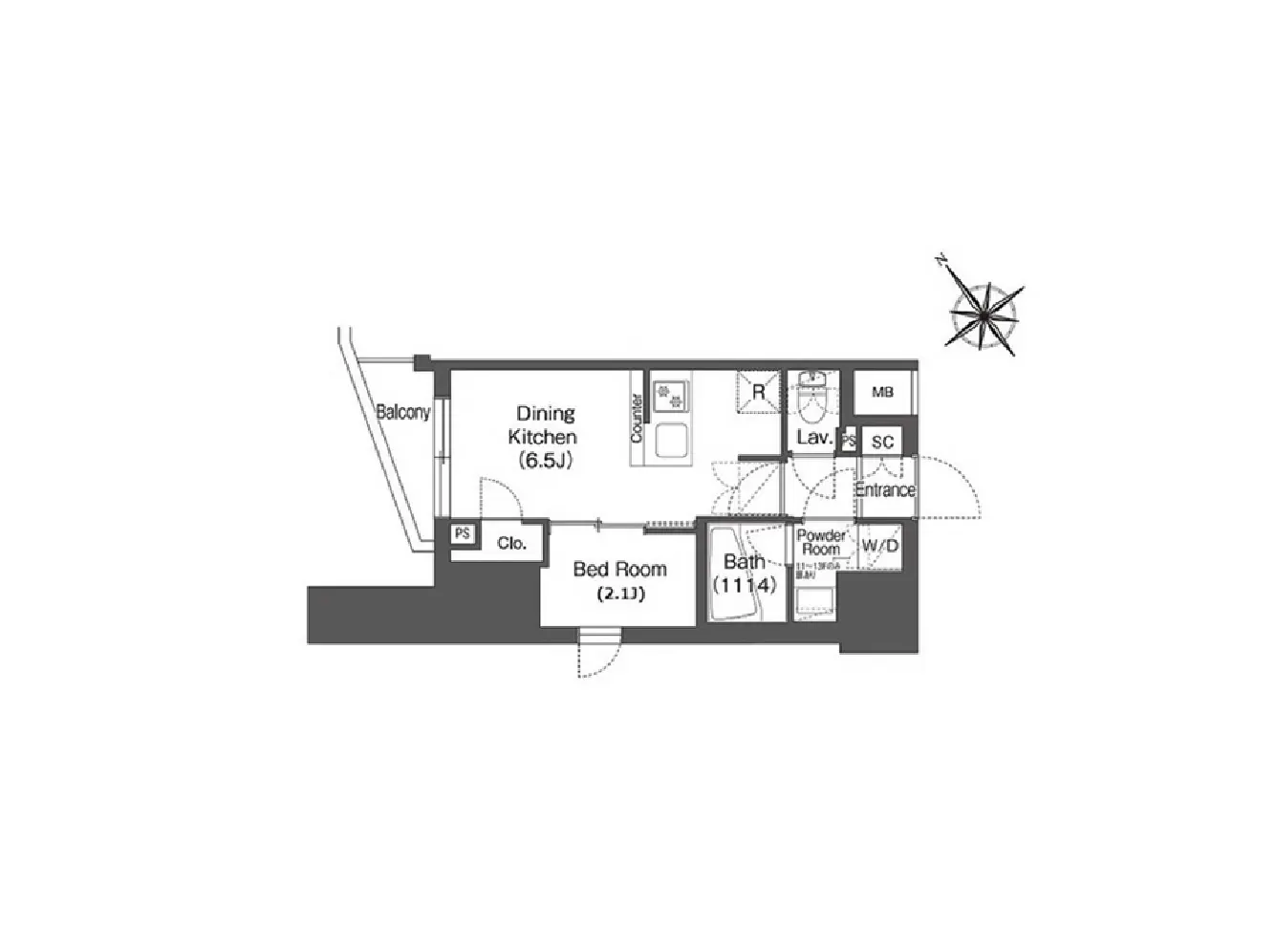 - ダイニングキッチン、寝室、浴室、洗面所を含む住宅の間取り図、バルコニーと収納スペースあり