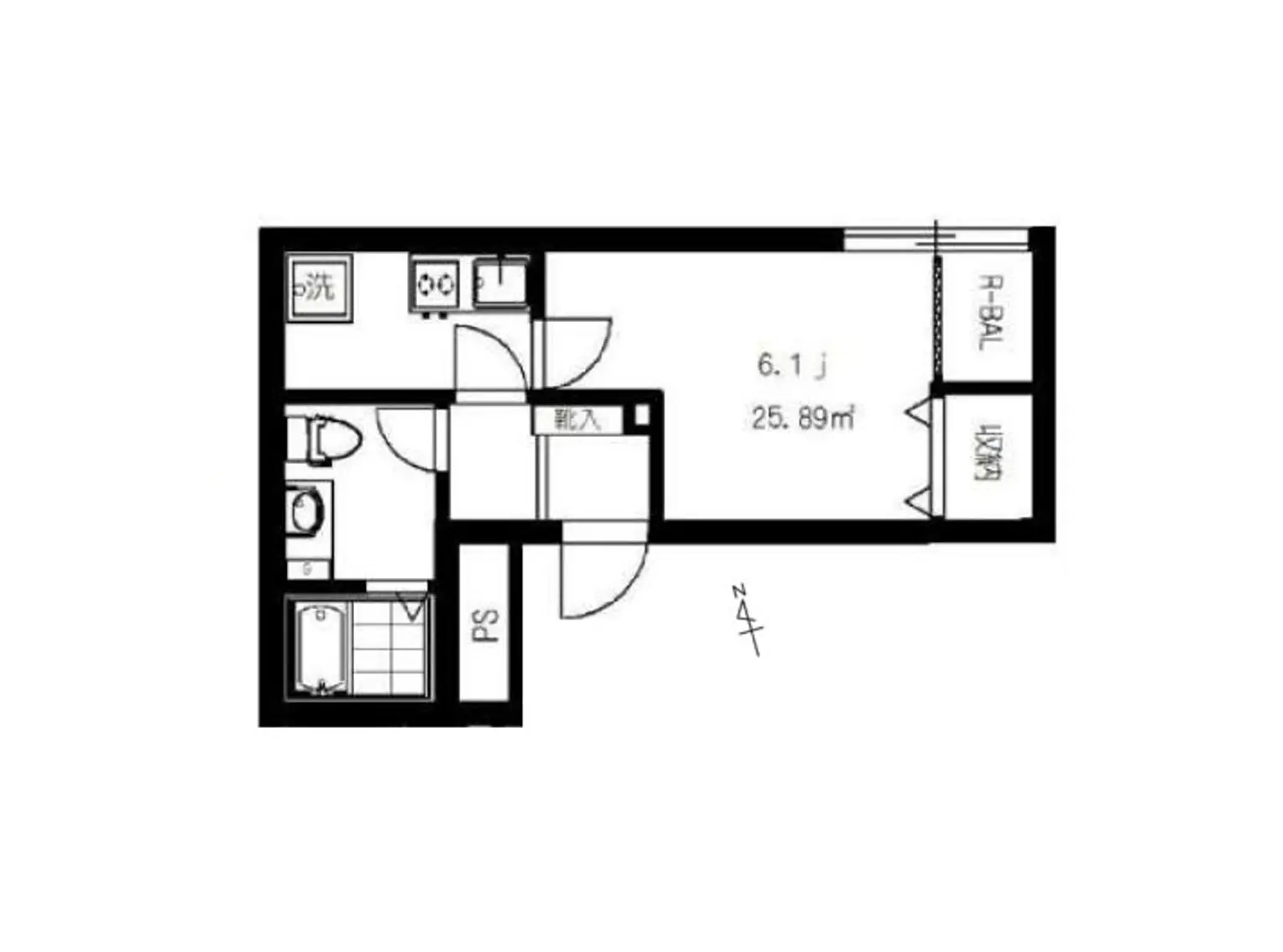 - 25.89m²の間取り図、リビング、洗面所、収納スペース、バルコニーを含むシンプルなデザインのレイアウト