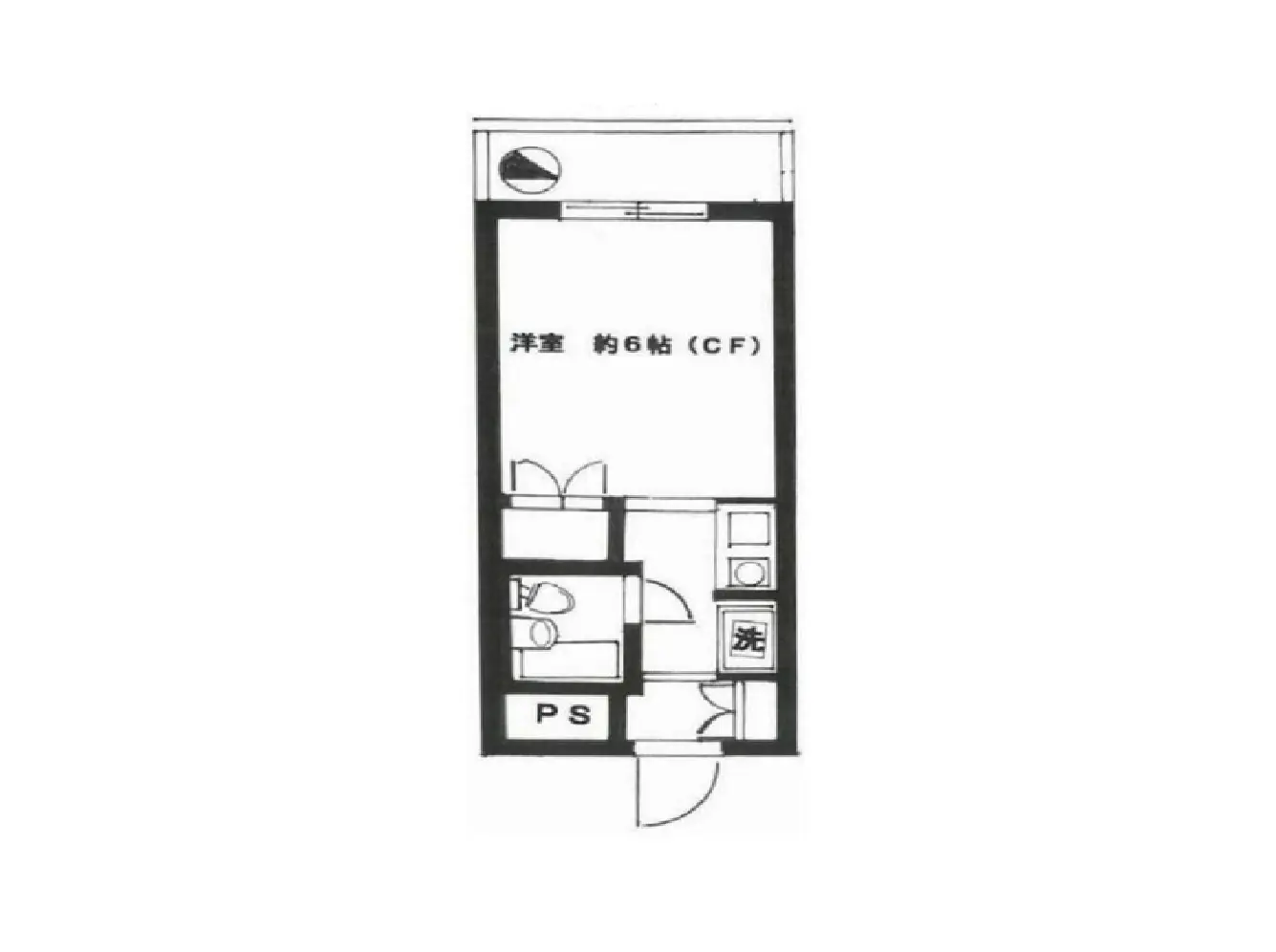 - 約6帖の洋室を含む間取り図、洗面所とトイレが併設されたシンプルなレイアウト