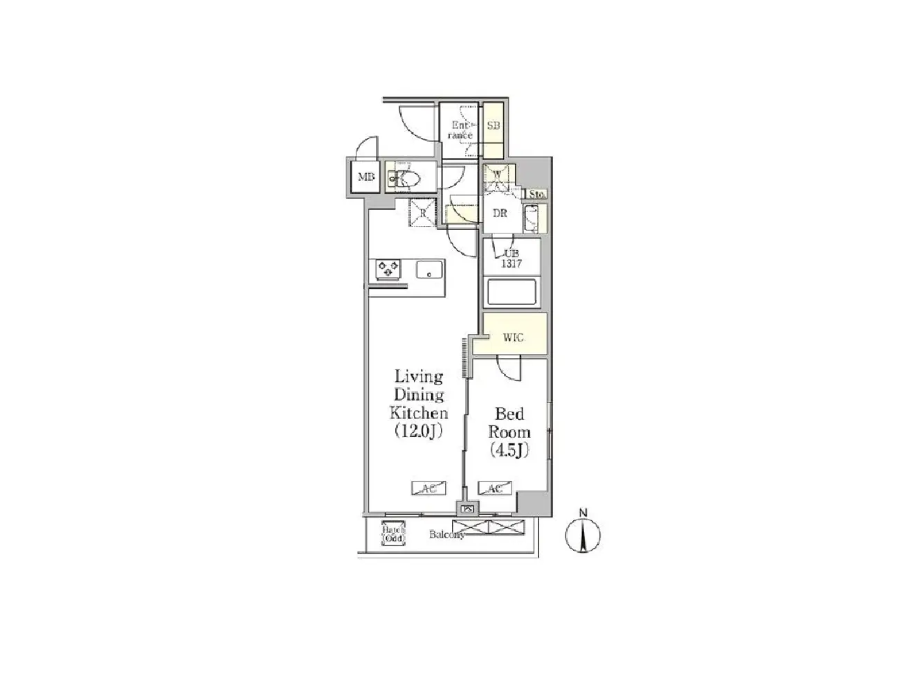 - 2LDKの間取り図、リビングダイニングキッチンとベッドルームを表示、各部屋の広さや配置が明記された住宅レイアウト