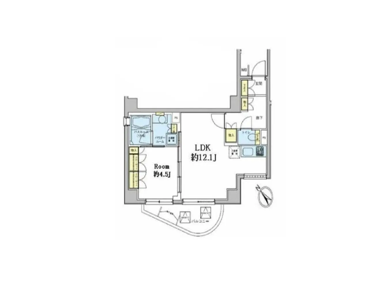- LDK約12.1畳と洋室約4.5畳を持つ間取り図、バスルームやトイレ、洗面所の配置も描かれた住宅プラン