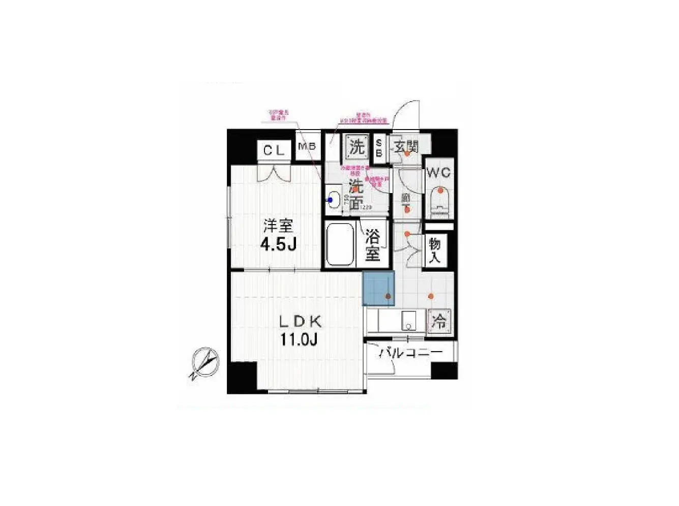 - 2LDKの間取り図、リビングダイニングキッチン11.0畳、洋室4.5畳、洗面所、浴室、トイレを含むレイアウト