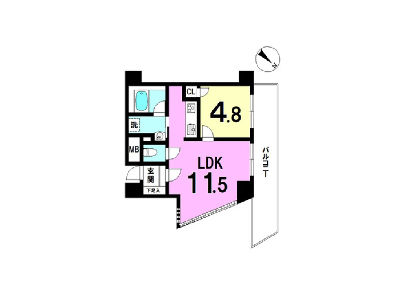 - 3LDKの間取り図、リビングダイニングキッチン(LDK)11.5畳と洋室4.8畳、機能的な家事動線を考慮した設計