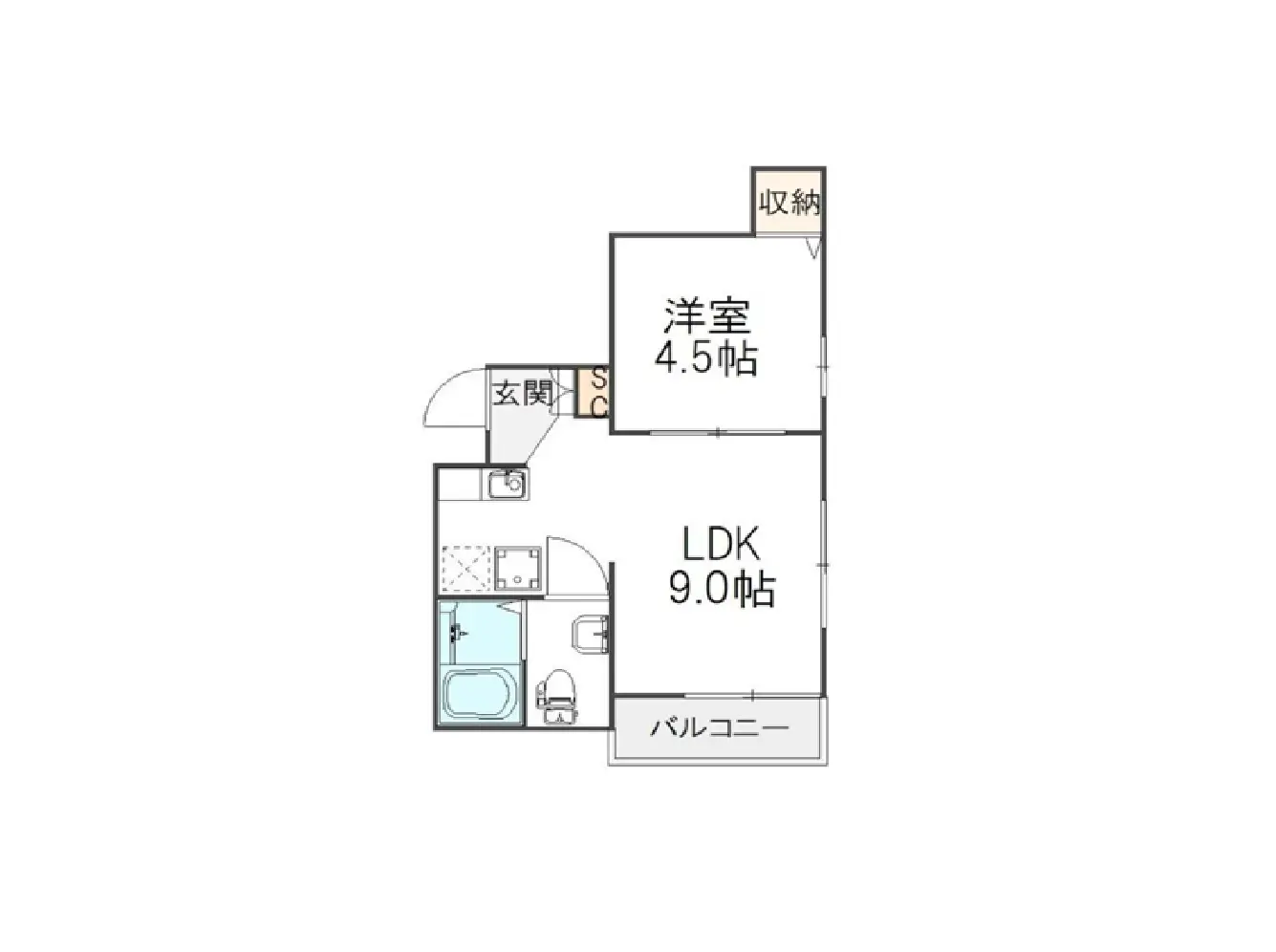 - 1LDKの間取り図、LDKは9.0帖、洋室は4.5帖、バルコニーと収納スペースも配置されたシンプルなレイアウト