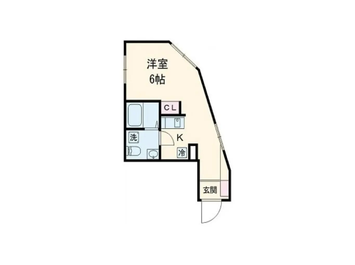 - 6帖の洋室、キッチン、洗面所、バスルーム、トイレを備えた間取り図