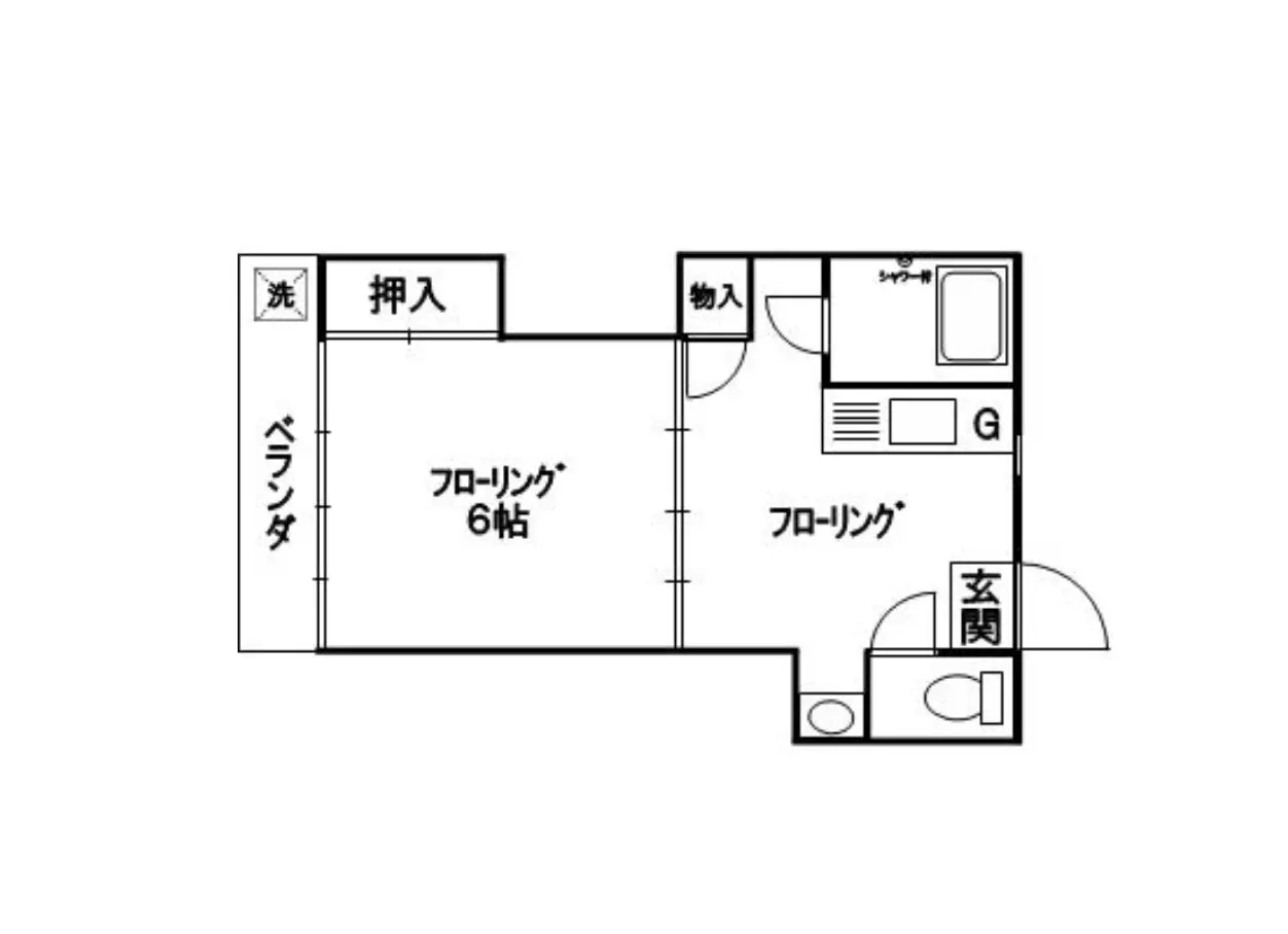 - 1LDKの間取り図、6帖のフローリングルーム、バランダ、玄関、洗面所、シャワー室を含むレイアウト