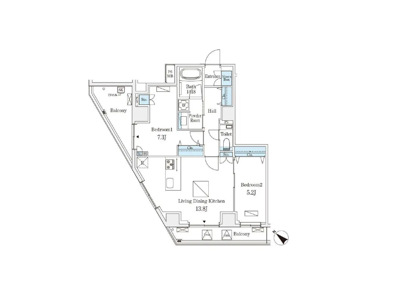 - 2つの寝室とリビングダイニングキッチンを持つ間取り図、各部屋にバルコニーと収納スペースを完備