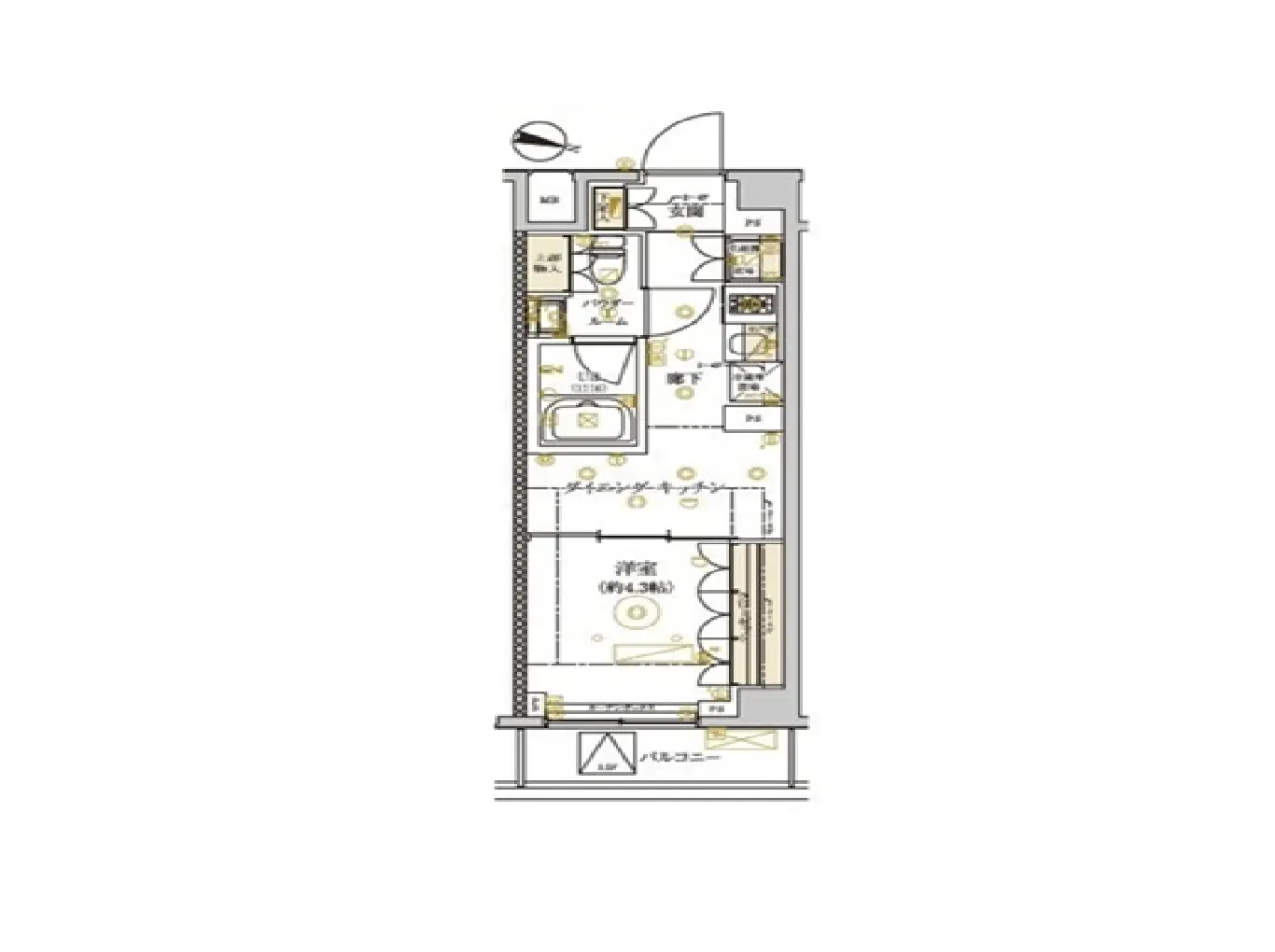 - 間取り図、二間の部屋とバルコニーを含む、機能的な配置の住居プラン